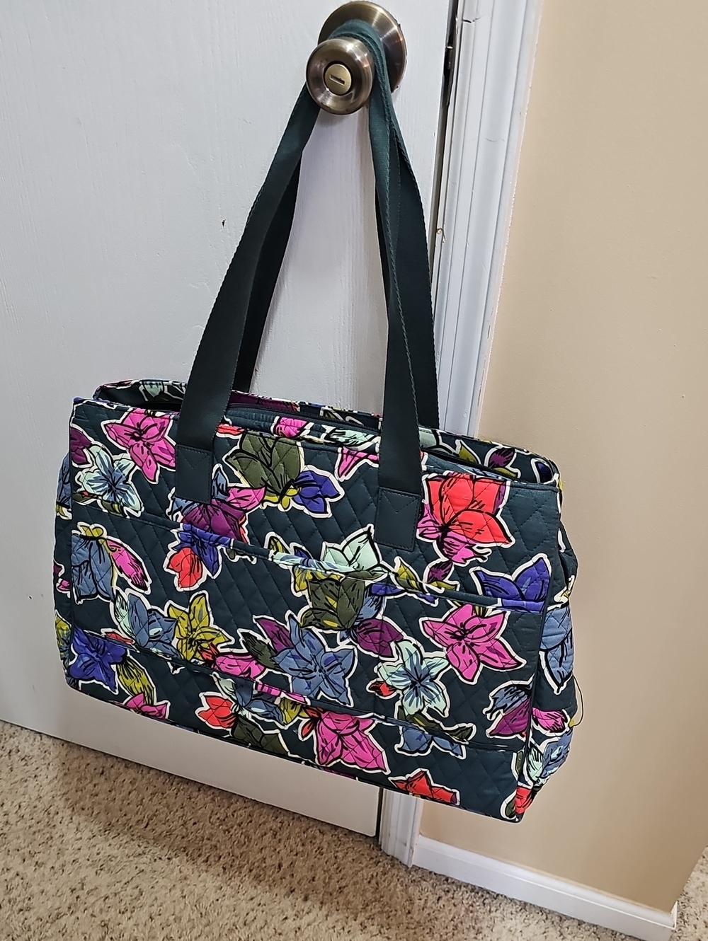 Vera Bradley Quilted Tote in Dark Teal with Multicolor Floral Print